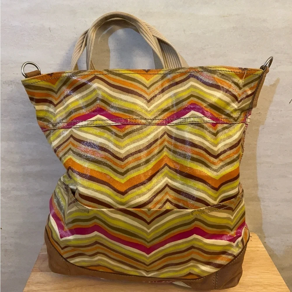 FOSSIL Key Per Coated Canvas Leather Trim Multi Pattern Hobo  Purse
